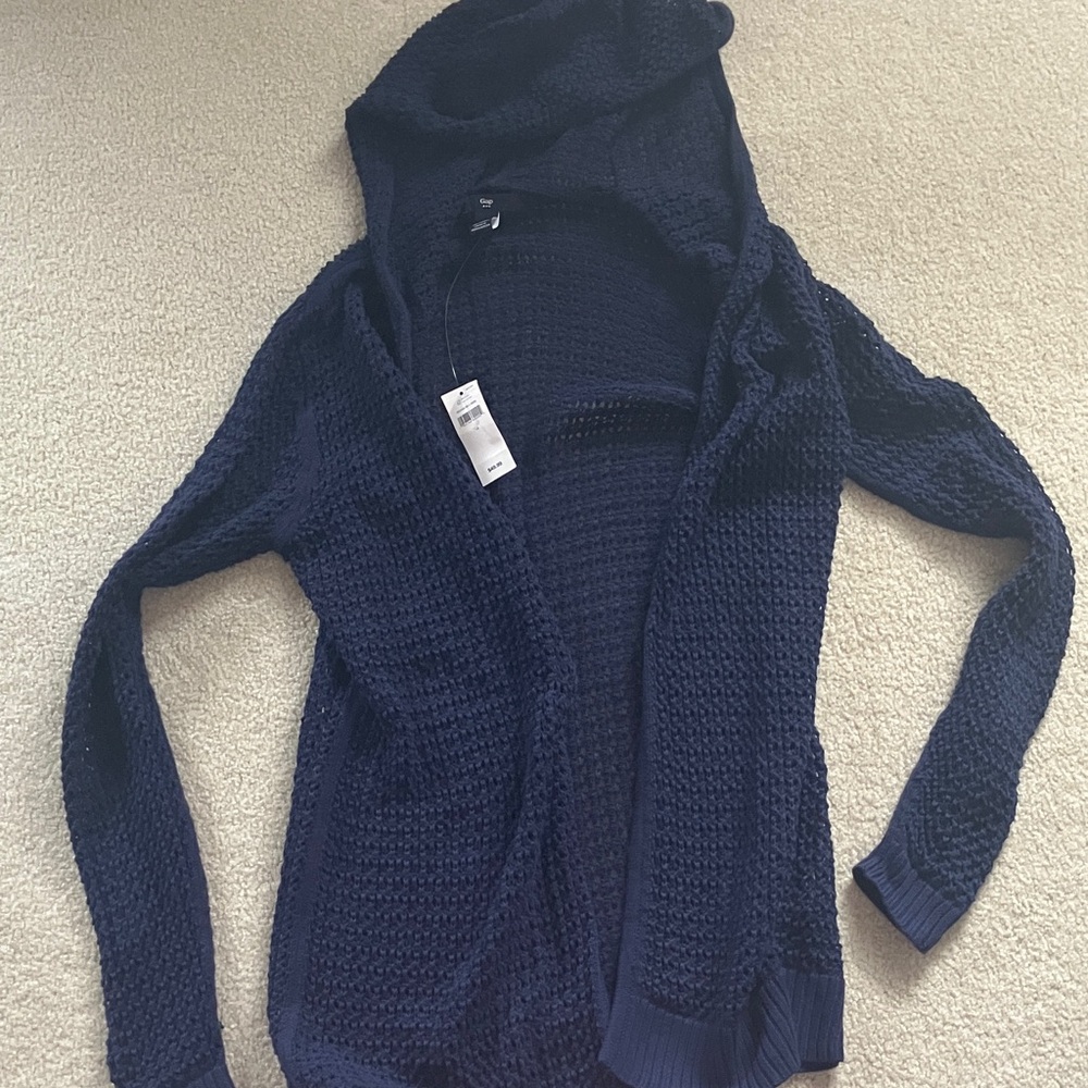 New GAP Navy Women's Waffle Cardigan with hood